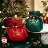Nueva Bolsa de Manzana Navideña, Tela de Terciopelo con Estampado de Lámina Dorada, Bolsa de Regalo con Cordón y Moño, Bolsa de Regalo de Dulces Navideños para Niños