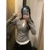 Blusa de Manga Longa com Meio Zíper Estilo Coreano Falsa de Duas Peças para Mulheres Patchwork Franzido Lateral Emagrecedor Decote V Ajustada