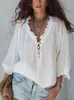 2026 Jacquard com Textura Branca Decote V Babado Amarração Cruzada Manga 3/4 Bufante Solto Saída de Praia Feminina