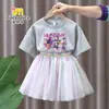 Conjunto de Vestido de Manga Curta para Meninas Caçadoras de Demônios Kpop Estilo Verão Moda Vestido de Tule Princesa Saia Duas Peças para Meninas Jovens