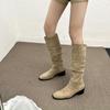 Botas Retrô Europeias e Americanas para Mulheres 2025 Outono e Inverno Novo Estilo Celebridade da Internet Pregueadas Empilhadas Botas de Cano Alto Botas de Montaria Botas Longas Acima do Joelho