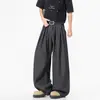 Calça Jeans de Corte A Lavada em Sarja Crua Estilo Americano para Homens, Marca Tendência de Verão, Calça Cool de Pernas Largas, Calça com Efeito Amassado e Listras Pretas