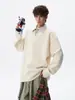 Moletom Gola Camisa Listrada Falso Duas Peças para Homem, Tamanho Grande, Moderno, Primavera e Outono, Padrão de Espiga de Trigo Texturizado, Top com Gola Reversível