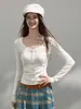 Camiseta feminina de manga longa com gola Henry, para primavera e outono, justa estilo espinha de peixe, bordada, realça os ombros, top interno modelador