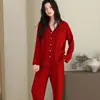 Pijamas de alta calidad de algodón y spandex al por mayor para mujer, nuevo estilo de otoño, manga larga, pantalón largo, cárdigan, cuello en V, ropa de casa, se puede usar afuera