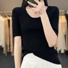 Camiseta de punto fina de manga corta para mujer, color liso a rayas, cuello en U, lana peinada, capa base, manga media, adelgazante, para ir al trabajo, primavera y verano