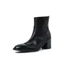 Botines para mujer hechos de piel de caballo de plena flor, con tacón grueso, punta redonda, cierre de cremallera en la espalda y ajuste ceñido, perfectos para otoño e invierno