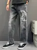 Jeans Original Tendência Nacional de Nicho com Estampa 3D de Cavalo e Dragão para Homens, Calça Longa Casual de Corte Reto Solto High Street