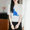 Camiseta de Punto de Manga Corta 100% Lyocell Tencel para Mujer, Cuello Redondo, Bloque de Color, Bordado de Gato, Corte Holgado, Top Básico de Manga Media