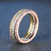 Joyería Popular Transfronteriza: Anillo de Compromiso de Tres Colores con Incrustaciones Completas de Diamante Estilo Europeo y Americano, Anillos Finos con Microincrustaciones de Circonita al por Mayor