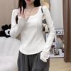 Camisa Cálida de Capa Interior para Mujer en Otoño e Invierno, Estilo Sexy de Puro Deseo, Top con Dobladillo Curvo Adelgazante, Camiseta de Manga Larga