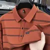 Camiseta Masculina de Manga Longa Outono Primavera 2026 Gola Lapela Listrada Camada de Base Camisa Polo Casual de Negócios Temperamento Roupa Masculina