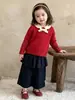 Conjunto de suéter rojo para niña, colección de otoño, con cuello tipo babero con moño, cárdigan tejido y pantalones de pierna ancha, un atuendo de dos piezas