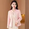Nova Jaqueta Branca Slimming Estilo Chinês Feminina 2025 Novo Estilo Quente Outono/Inverno Fina Toque de Alto Padrão Pequeno Top Estilo Chanel