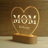 Luz nocturna con texto impreso en acrílico, adornos de escritorio DIY, luz LED con forma de corazón con borde cruzado, base de madera, luz para el Día de la Madre