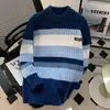 Tejido de punto a rayas estilo coreano perezoso para hombre, nuevo suéter grueso de cuello redondo para otoño e invierno, chaqueta holgada casual para pareja