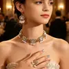 Conjunto de 3 Piezas de Collar con Borla de Perlas, Pendientes y Anillo Estilo Indio de Piedras Preciosas Bohemias, Joyería de Noche Estilo Palacio