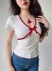 Camiseta de algodón de manga corta con cuello en V de las Spice Girls Pure Desire para mujer, nueva camiseta de verano de Niche con costuras rojas, corte entallado, top moderno de corte entallado.