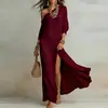 Verano 2026 Nuevo Ropa Femenina Transfronteriza Europea y Americana Elegante Holgado Hombros Descubiertos Abertura Color Sólido Vestido Largo