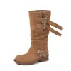 Botas Cavaleiro Suede Fivela Menina Doce Cool Picante 2026 Inverno Salto Médio Grosso Bico Redondo Couro Genuíno Botas Altas Femininas 41