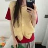 Colete Cardigan Tricotado com Design Color Block Retrô para Mulheres, Estilo Coreano Tricô Grosso Camada Vazada Solto Colete Suéter