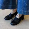 Primer Encuentro con Zapato Individual de Tacón Medio Versátil Cómodo de Punta Redonda Estilo Retro con Parches de Lazo para Viajes Diarios