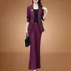 Conjunto de terno elegante e estiloso de cor sólida, corte slim, com botões, para mulheres, perfeito para primavera e outono, oferecendo um visual sofisticado e profissional para ambientes de negócios