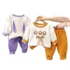 Conjunto de Duas Peças para Meninas Suéter de Algodão com Gola Redonda Laço Manga Longa Calça de Algodão Primavera e Outono 2024 Fabricante Original Atacado