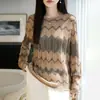 Suéter de punto jacquard ondulado para mujer con cuello redondo, diseño calado, mangas largas, estilo jersey, bloques de color retro y una capa exterior ligera para primavera/otoño.
