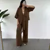 Conjunto informal cruzado europeo y americano para mujer, cárdigan de manga tres cuartos de color liso tie-dye y pantalón largo conjunto de dos piezas