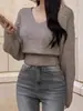Suéter tejido para mujer estilo coreano con cuello de amarre lateral, entallado en la cintura, suéter de punto para primavera, estilo casual