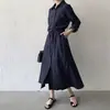 Em Estoque Japonês Outono 2026 Novo Sem Mangas Bolso Manga Longa Comprimento Médio Casual Lapela Camisa Vestido
