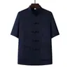 Conjunto de Traje Tang de Manga Corta para Hombres de Mediana Edad y Mayores, Ropa Hanfu de Estilo Chino de Verano para Hombre, Camisa de Papá, Ropa de Abuelo de Seda Helada