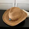 Sombrero vaquero de paja estilo étnico para mujer, para sesión de fotos de verano, viajes y vacaciones, sombrero de paja de ala ancha, sombrero para el sol con protección solar