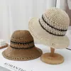 Moda Casual de Verano Rayas Todo-partido Transpirable Sombrero de Pescador de Paja para Mujer Protector Solar de Playa Sombrero de Paja