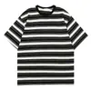 Top Básico Unissex Vintage Lavado com Listras Horizontais Coloridas Blocadas Estilo Japonês Gola Redonda Manga Curta Solto Tendência