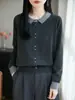 Cardigan Tricotado Gola Polo de Lã Fina Novo para Primavera e Outono 2026 Manga Longa Feminino Blusa Jaqueta Blocos de Cor Botão Quadrado Pequeno