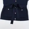 Moda feminina europeia e americana transfronteiriça, popular no AliExpress: cardigã de malha azul marinho, casual, gola redonda, corte justo