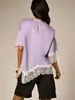 Bestseller transfronterizo europeo y americano, elegante camiseta de retazos de satén y encaje para mujer, corte holgado con mangas caídas y dobladillo irregular de encaje