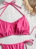 2026 Nuevo Talla Grande Transfronterizo Color Sólido de Cuello Halter Atado Sexy Estilo Europeo y Americano Dos Piezas Traje de Baño para Resort de Aguas Termales Playa para Mujeres
