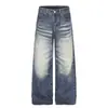 Pantalones vaqueros de pierna ancha con degradado descolorido estilo punk para hombre, marca de moda de alta calle, con pliegues, desgastados, bordes deshilachados, pantalones rectos holgados