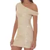 Vestido ajustado de lentejuelas doradas sin hombros, estilo europeo y americano, de un solo hombro, que se ajusta a la cadera, sexy, corto, para mujer, corte ceñido