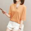 3162 # Camiseta de Verano de Cuello en V y Manga Corta para Mujer con Mangas Medias (Toma real) (95 Algodón 5 Spandex)