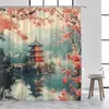 Cortina de Ducha para Baño Estampada Digitalmente con Paisaje Japonés, Escenario de Flores de Cerezo, Flores de Cerezo Rosas, Montañas Distantes y Patrones de Estilo Tradicional, Cortina Colgante Divisoria Personalizable al por Mayor