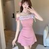 Vestido Estilo Deseo Puro con Encaje, Puntada de Encaje, Lazo Francés, Falda de Verano, Cintura Ajustada, Elegante Falda de Cintura Alta, Falda Línea A