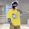 Camiseta de Manga Larga a Rayas con Cuello Redondo de Moda Estilo Coreano para Niños, Ropa de Primavera y Otoño, Niños Estampado de Dibujos Animados Capa Base Algodón Puro Fina