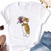 Comércio Exterior Europeu e Americano Roupas Femininas Amazon Camiseta Gato Desenho Animado Estampado Camiseta de Manga Curta Feminina Top Gola Redonda