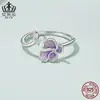 Anillo Abierto de Mariposa Flor Morada Suave de Plata de Ley S925 Aiful Anillo Ajustable Joyería al por Mayor