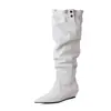 Botas de Tacón de Cuña para Mujer de Cuero Vacuno de Primera Capa Botas de Caballero Otoño Invierno Nuevas de Cuero Genuino Punta Puntiaguda Sin Cordones Tacón Medio Botas Altas Hasta la Rodilla Mujer