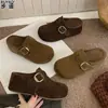 Sapatos de Couro Genuíno com Solado Espesso de 7cm para Aumento de Altura Oculto para Mulheres Baixas Sapatos Quentes de Algodão com Veludo Adicional Sapatos Birkenstock Chinelos de Dedo Fechado Mules